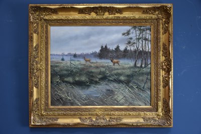 Lot 2562 - A POPPELMAN; oil on canvas, deer in landscape,...