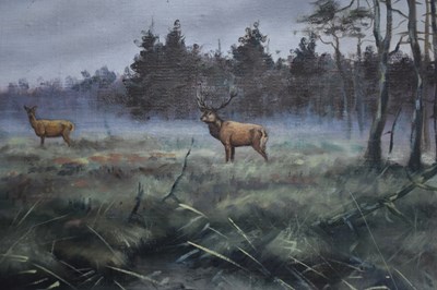 Lot 2562 - A POPPELMAN; oil on canvas, deer in landscape,...