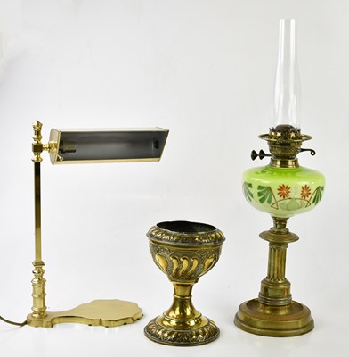 Lot 380 - A Victorian oil lamp with green glass...