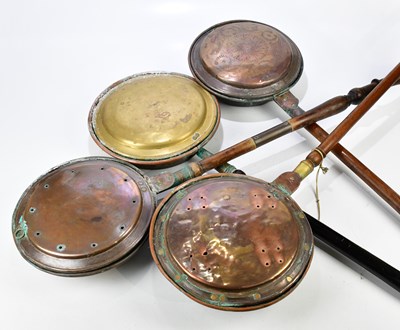 Lot 362 - Four 19th century copper and brass warming pans.