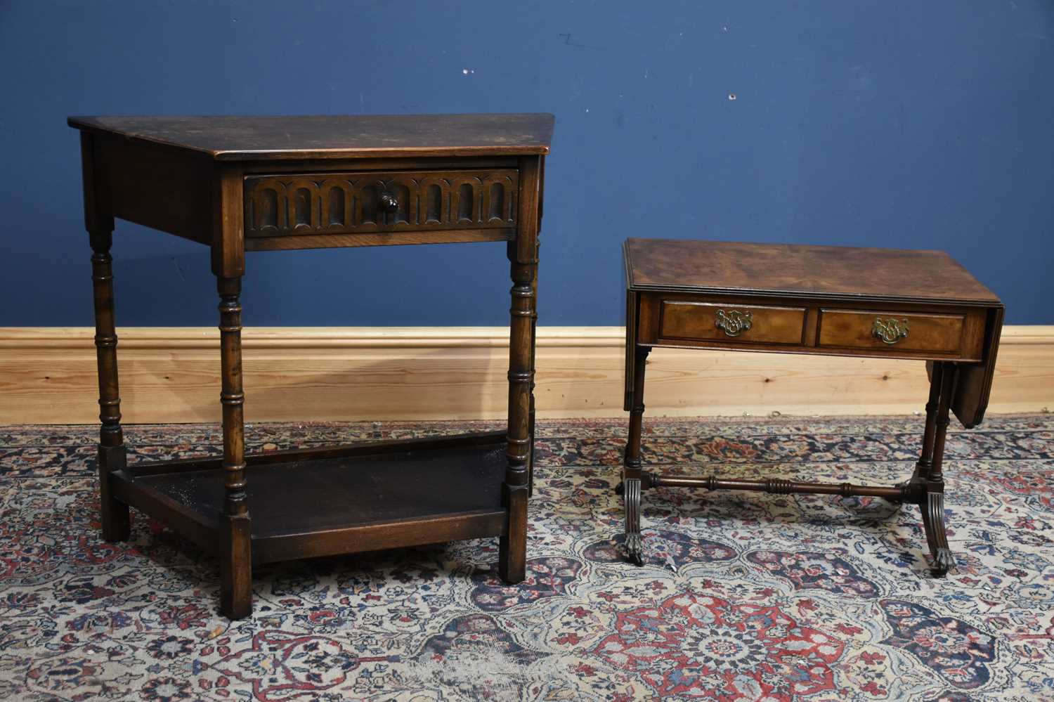 Lot 113 - An oak Priory style side table with single...