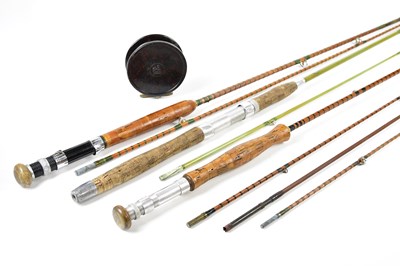 Lot 2387 - A group of three split cane fishing rods, to...