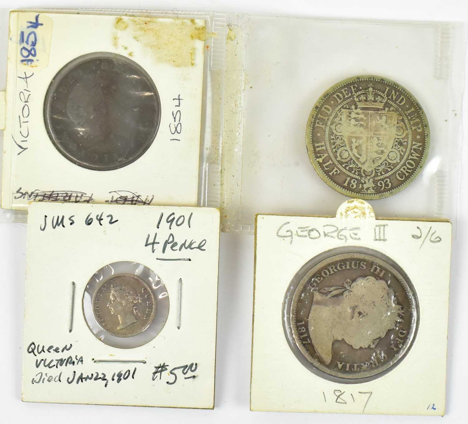 Lot 874 - A Victorian 1893 half crown, a George III 1817...