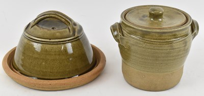 Lot 468 - A green glazed stoneware lidded twin handled...