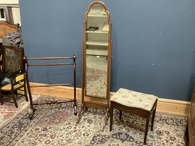 Lot 64 - A 1930s walnut cheval mirror, a stool and...