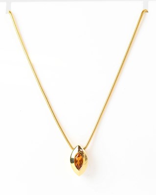 Lot 830 - An 18ct yellow gold marquise-shaped pendant...