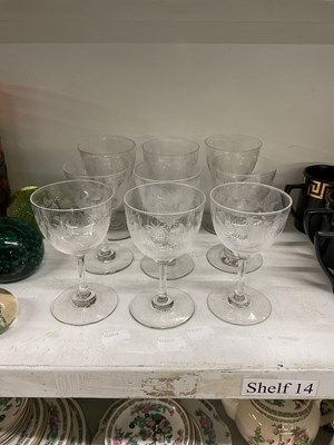 Lot 554 - A set of nine Victorian etched glass sherry...