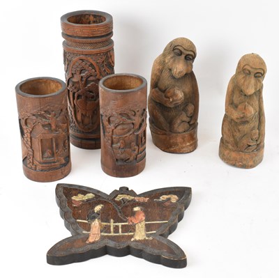 Lot 626 - A group of three Chinese carved hardwood brush...