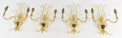 Lot 142 - A set of four modern brass two branch wall...