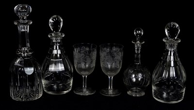 Lot 1498 - Three cut glass decanters, height of largest...