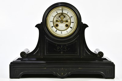 Lot 2115 - A Victorian slate mantel clock, the circular...