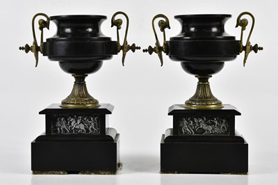 Lot 2139 - A pair of Victorian slate twin handled urns...