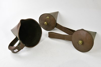 Lot 1220 - Three copper cider warmers, largest 30cm.