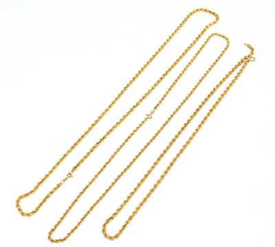 Lot 1350 - Three 9ct yellow gold curb link necklaces,...