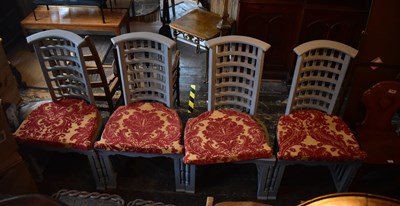 Lot 1215 - A set of four blue painted chairs with slatted...