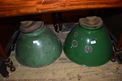 Lot 1250 - Two large vintage green enamel light shades,...