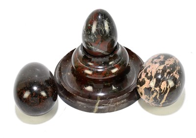 Lot 26 - Three Cornish serpentine eggs, together with a...