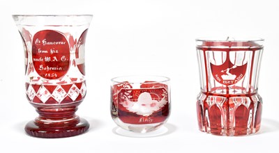 Lot 524 - Three pieces of cranberry overlaid Bohemian...