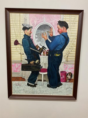 Lot 300 - AFTER NORMAN ROCKWELL; large oil on canvas,...