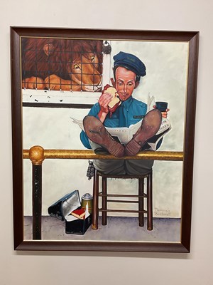 Lot 301 - AFTER NORMAN ROCKWELL; large oil on canvas,...