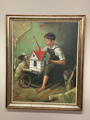 Lot 294 - AFTER NORMAN ROCKWELL; large oil on canvas,...