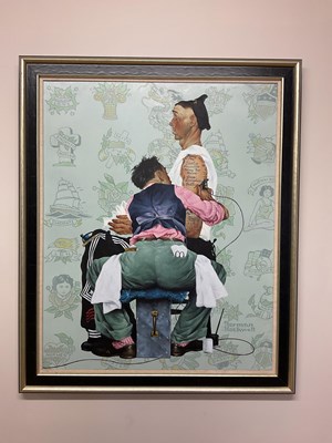 Lot 295 - AFTER NORMAN ROCKWELL; large oil on canvas,...