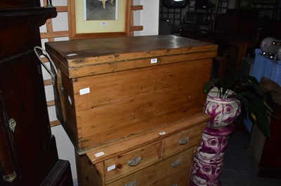 Lot 1380 - An old pine rectangular blanket chest with...