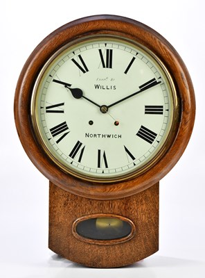 Lot 2019 - A 19th century oak wall clock, the painted...