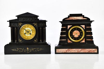 Lot 2130 - A Victorian slate and pink marble mantel clock,...