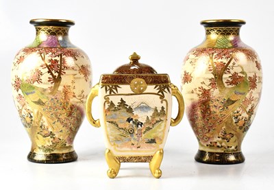 Lot 409 - A pair of Satsuma vases decorated with...