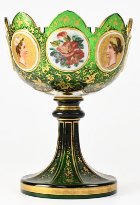 Lot 352 - A Continental green glass tazza with elaborate...