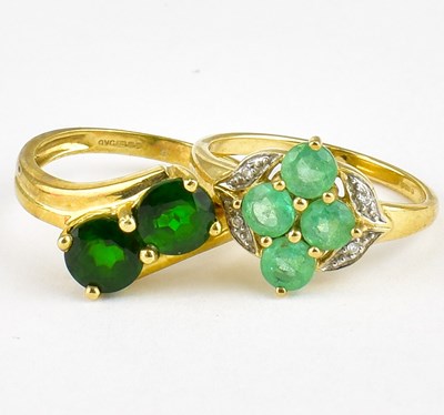 Lot 786 - Two 9ct gold green stone set dress rings,...