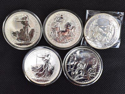 Lot 694 - Five silver Britannia's fine silver coins,...