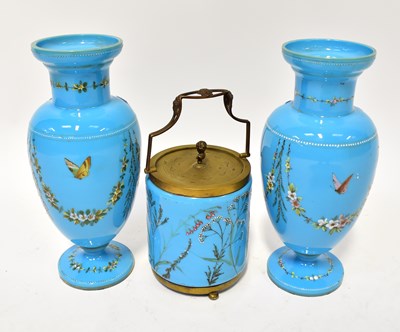 Lot 351 - A pair of Victorian blue opaque glass vases...