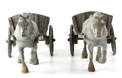 Lot 155 - A pair of metal horses with carts, length...