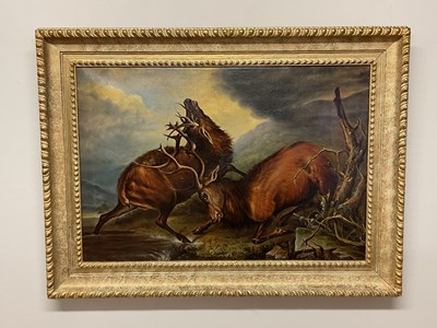 Lot 338 - UNATTRIBUTED, oil on canvas. pair of stags...