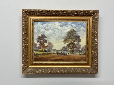 Lot 342 - NEWSOME?; oil on board, heavy horses ploughing...