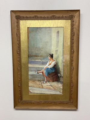 Lot 353 - PRICE KING; watercolour, a woman seated on a...