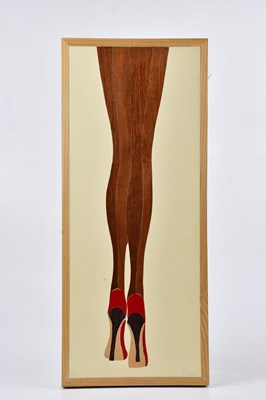 Lot 2657 - N EAMES; wood panel, female legs in high heels,...