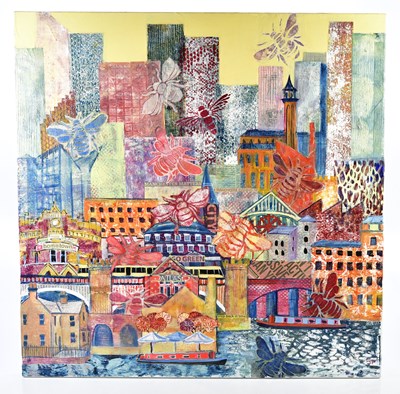 Lot 2642 - JANE FRASER; collage and acrylic on canvas,...