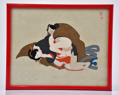 Lot 1274 - A Japanese erotic woodblock print, signed top...