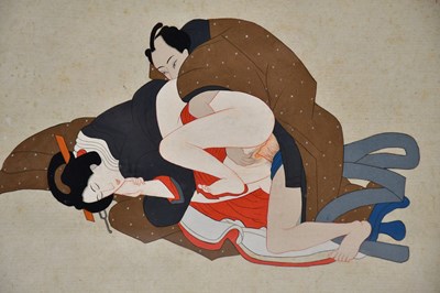 Lot 1274 - A Japanese erotic woodblock print, signed top...
