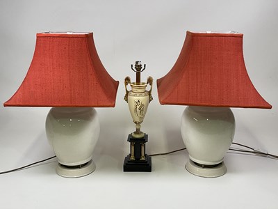 Lot 581 - A pair of crackle glaze table lamps with...