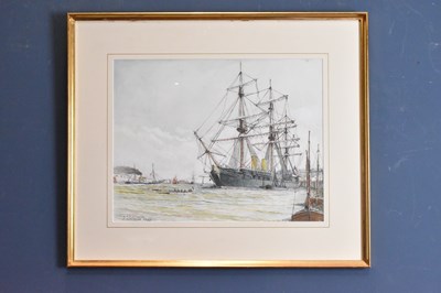 Lot 2527 - F ANDREWS; watercolour, ‘H.M.S Warrior’,...