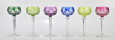 Lot 1462 - A set of six coloured cut glass hock glasses.