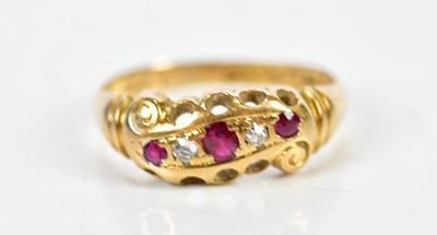 Lot 192 - An 18ct yellow gold ruby and diamond five...