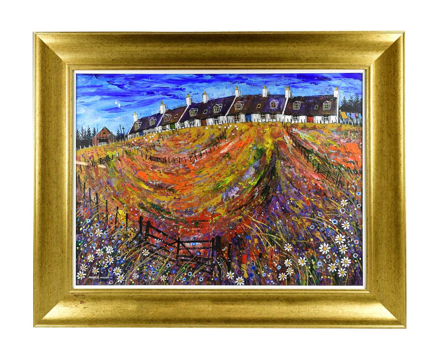 Lot 313 JOHN F MARTIN; oil, cottages, signed, 56 x