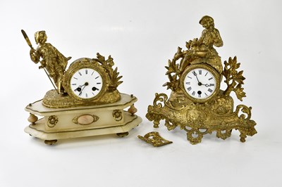 Lot 2149 - Two gilt spelter mantel clocks, both with...