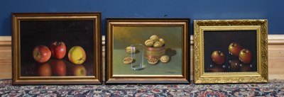 Lot 2583 - A group of three oils, each of still life,...