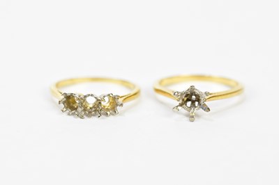 Lot 193 - Two 18ct yellow gold ring mounts, size L 1/2...